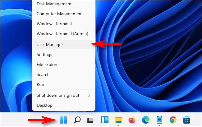 Opening Task Manager from the Start button